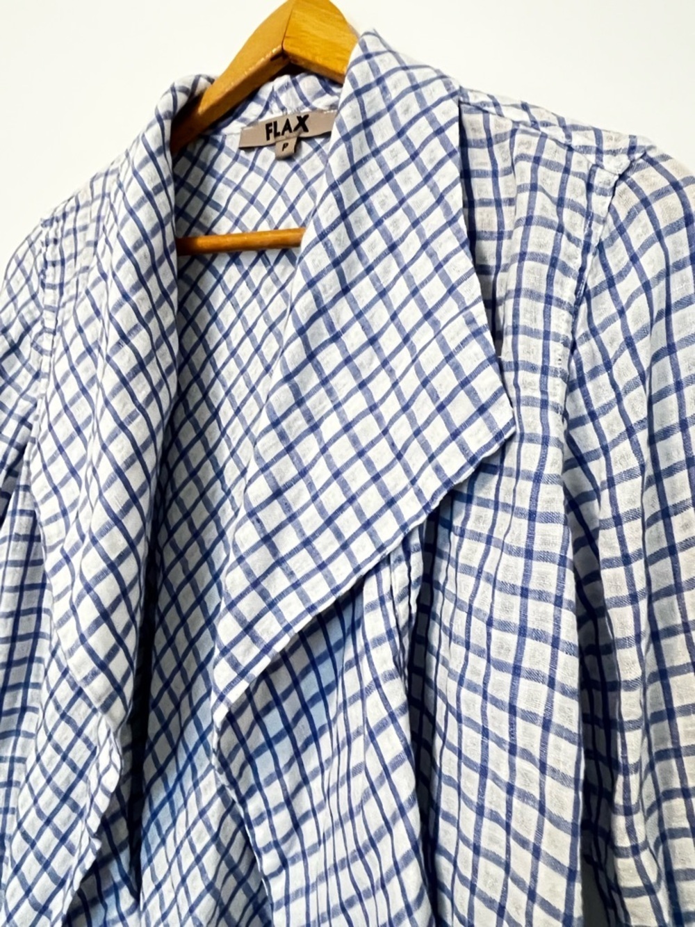 FLAX Linen Open Front Draped Cardigan Jacket Blue White Check Gauze Crop Petite - Picture 3 of 10